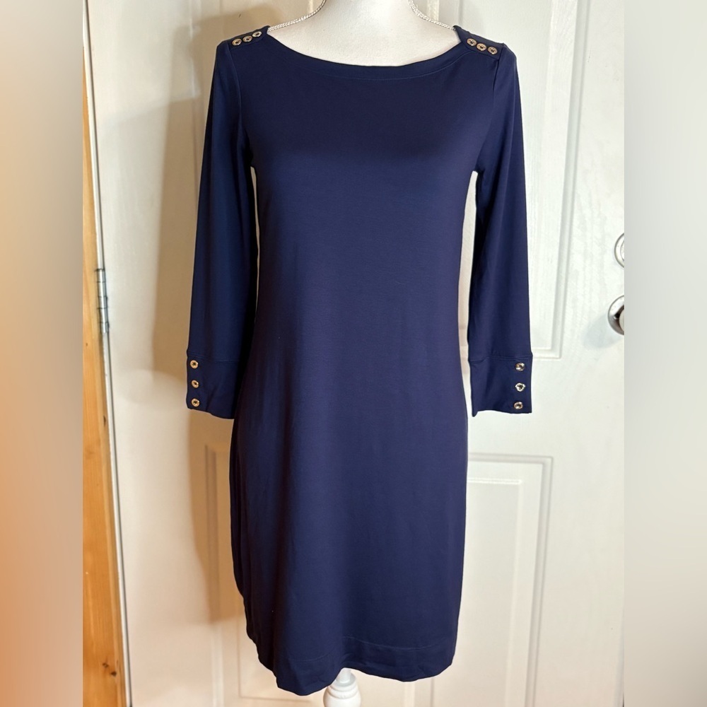 Lilly Pulitzer Sophie Dress True Navy Blue UPF 50 3/4 Sleeve Stretch Size Small